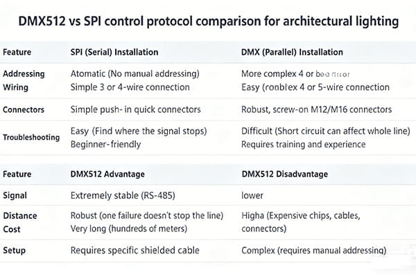 DMX512 vs SPI control protocol comparison for architectural lighting